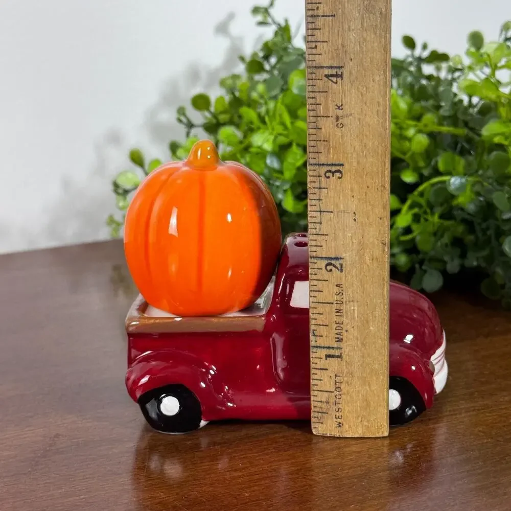 Red Farm Truck Pumpkin Ceramic Salt & Pepper Shakers Fall Farmhouse